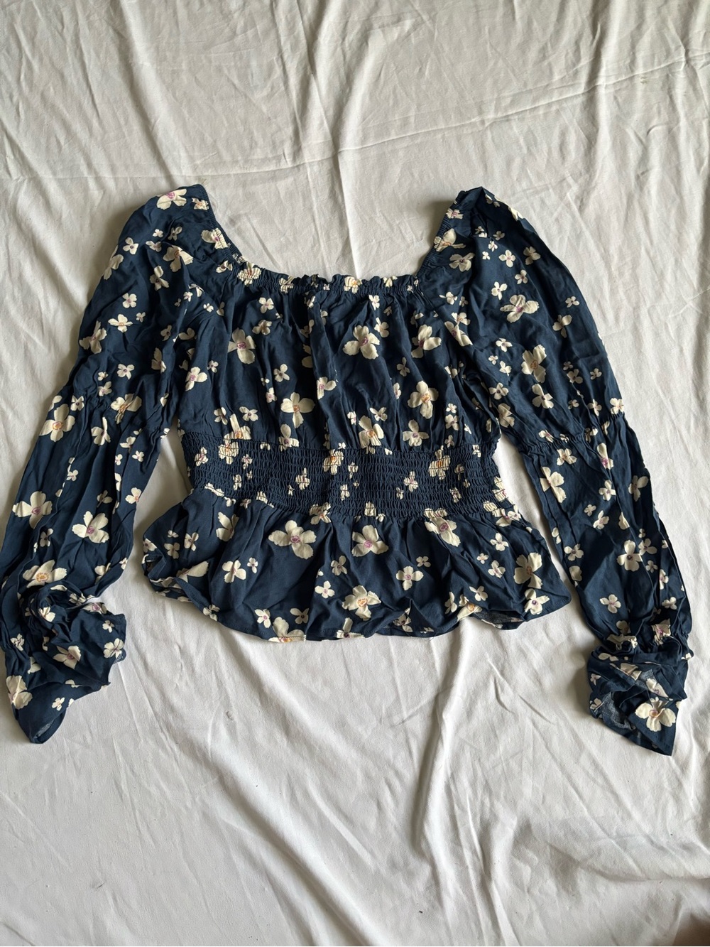 SO Navy Floral Smocked Peplum Long Sleeve Blouse - Picture 2 of 4